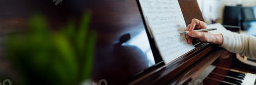 Preview: Handwriting Music Notes on Piano Sheet, Wide Banner