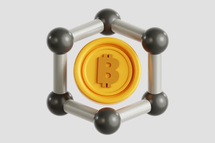 Preview: Golden Bitcoin Crypto Token in Decentralized Hexagonal Network 3D Icon