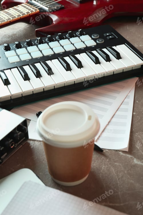Preview: Musician workplace on gray textured table, close up