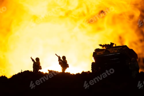 Preview: Battle scene with silhouettes of toy tank and soldiers with fire at background