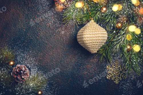 Preview: Christmas background with natural fir branches and toys