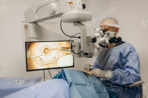 Preview: A surgeon looks through a microscope in the operating room. A doctor uses a microscope during eye