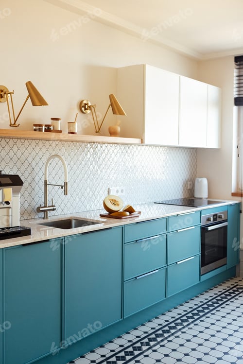 Preview: A modern kitchen with a blue set and a marble countertop