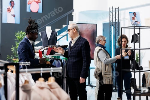 Preview: African american employee helping client with formal outfit
