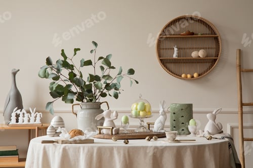 Preview: Warm and spring dining room interior with easter accessories, round table, vase