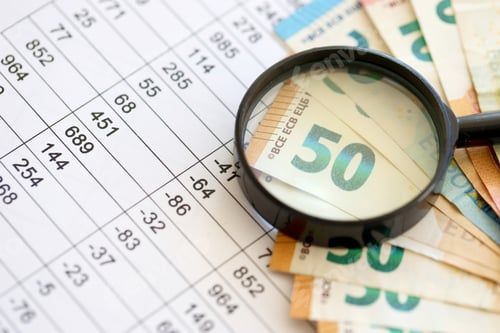 Preview: Business and savings concept with many euro money bills and magnifying glass