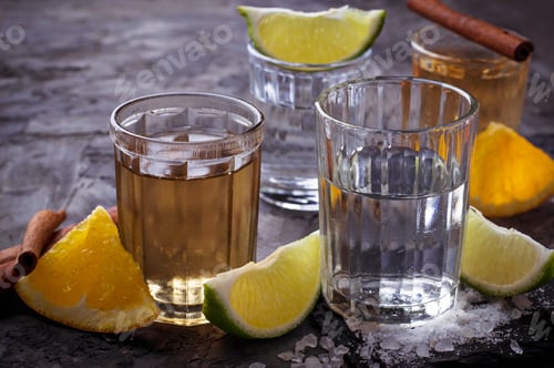 Preview: Shots of silver and gold tequila with lime, salt, orange and cinnamon