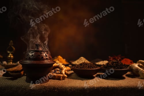 Visualização: Fumaça de incenso de resina de benjoim queimada em uma panela de cerâmica tradicional com algumas especiarias