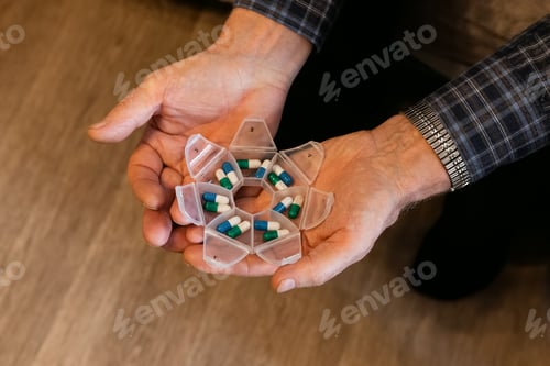 Preview: Elderly person organizing medication in weekly pill organizer at home during daytime