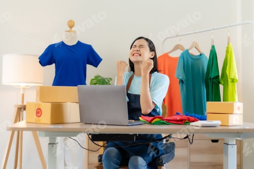 Preview: Successful Asian woman entrepreneur raising hands with surprise smiling happily on laptop at home.