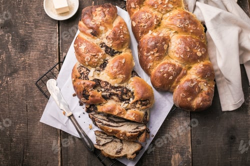 Preview: Tsoureki braid, greek easter sweet bread, on wood