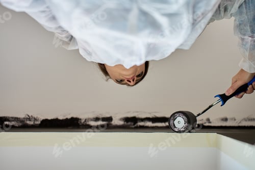 Preview: Close-up of woman painting ceiling and wall with roller during home renovation