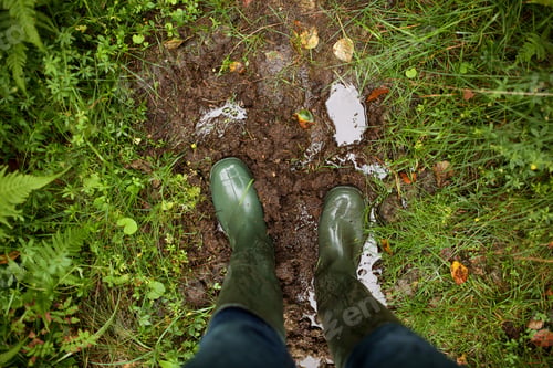 Preview: legs and green boots on muddy path