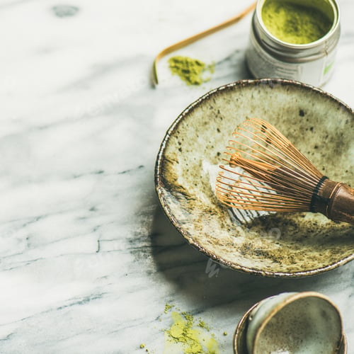 Preview: Japanese tools for brewing matcha tea, marble background, square crop