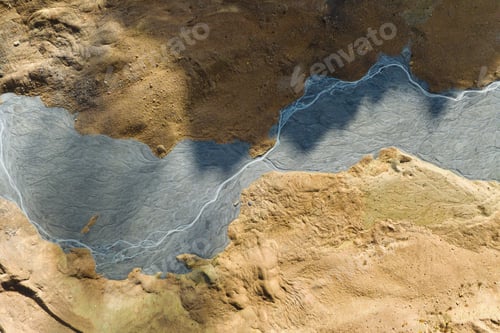 Preview: Drone view of the river in the glacier valley. View of the moraines. Landscape from the air.