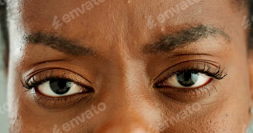 Preview: Confused, woman and closeup of eyes with frown for strain, optical care and health. Stress, questio