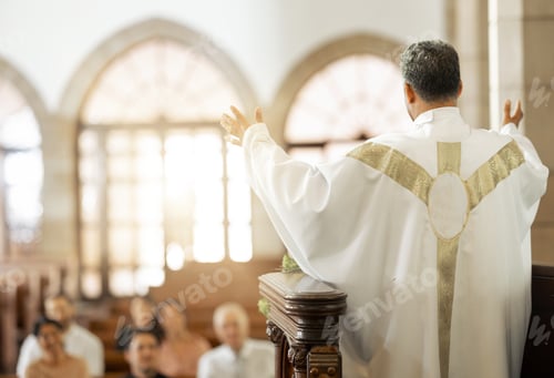 Preview: Pastor, church and man praying for his congregation to god for spiritual wellness on a Sunday. Hope
