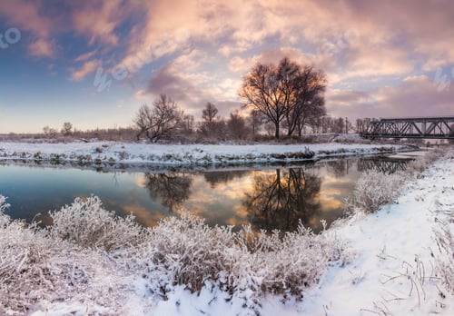Preview: Dawn over the river in winter morning