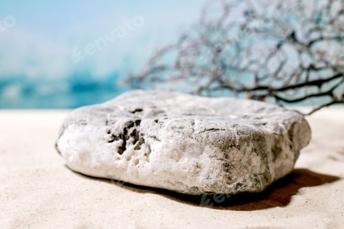 Preview: Summer sand sea beach with waves and stone podium