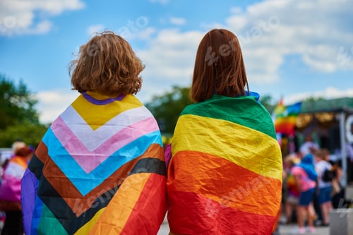 Preview: Two women with LGBTQ rainbow flags on pride demonstration
