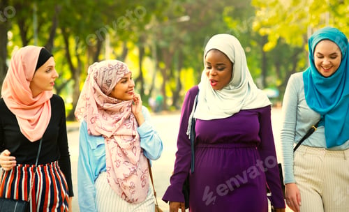 Preview: Islamic women friends walking and discussing together