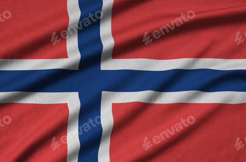 Preview: Norway flag is depicted on a sports cloth fabric with many folds. Sport team waving banner