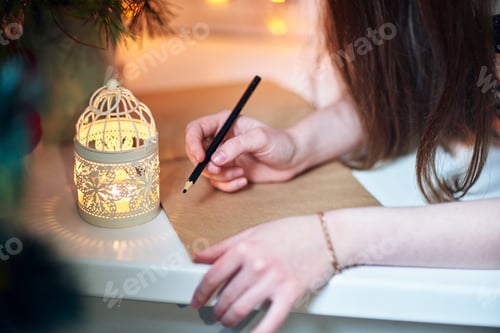 Preview: Beautiful young woman in the Christmas holidays reading a book at the window
