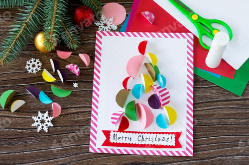 Preview: Christmas tree greeting card. Handmade. Project of children's creativity, handicrafts.