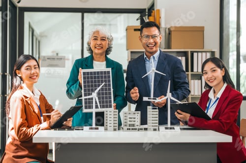 Preview: Group asian business people meeting boardroom clean energy city solutions discussing solar panels
