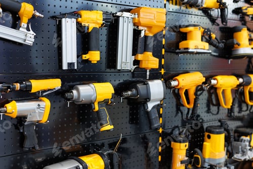 Preview: Drills and screwdrivers are sold in the power tool store. Showcase with power tool drills.