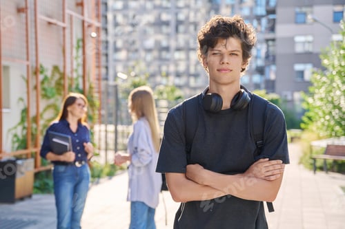 Preview: Portrait of college student guy looking at camera outdoor near educational building