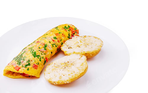 Preview: A colorful vegetable omelet sits on a white plate
