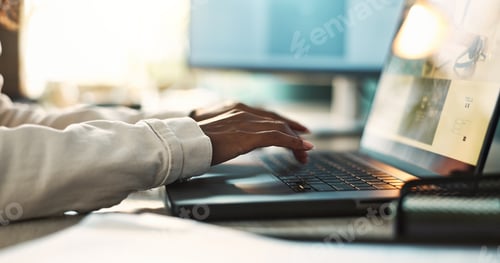 Preview: Laptop, typing and hands of employee, creative and review for product, online and writer in social