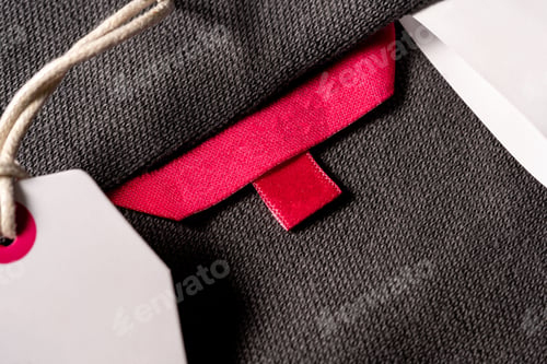 Preview: Closeup shot of a blank red fabric tag on a cloth for a size label