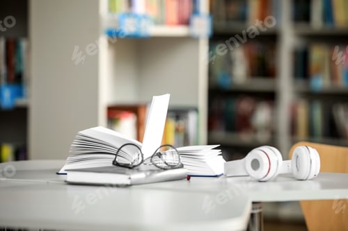 Preview: Books, glasses and headphones on table in library