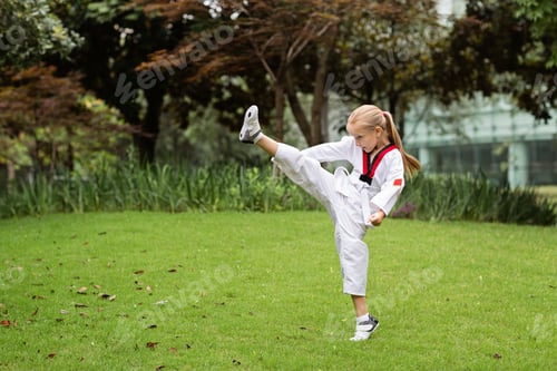 Preview: Little Caucasian girl six years old exercising taekwondo outdoor
