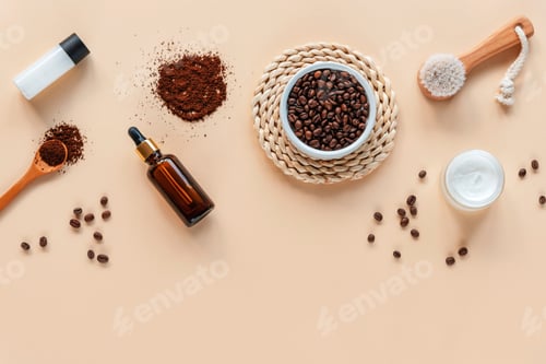 Preview: Coffee Beans and Skincare Products on Neutral Surface