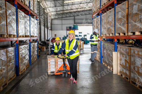 Preview: Worker Pulling Cardboard Boxes At Warehouse