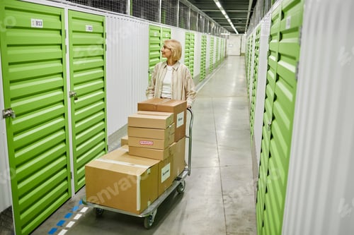 Preview: Caucasian Middle Aged Woman Pushing Cart with Boxes in Storage Facility