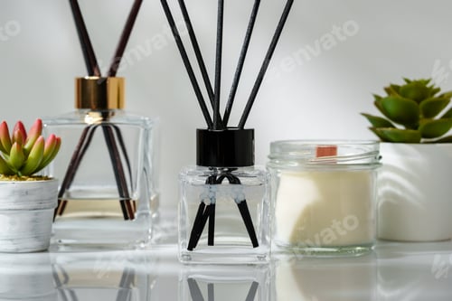 Preview: Elegant Home Fragrance Reed Diffuser Displayed Beside Scented Candles and Succulents