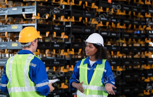 Preview: Group of employees in an auto parts warehouse,