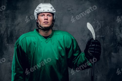 Preview: Hockey player in protective clothes holds playing stick.