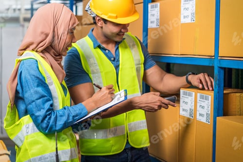 Preview: Asian Idian worker man with Muslim worker woman working together by scanning bar code