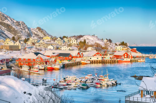 Preview: Splendid morning seascape of Norwegian sea and cityscape of Sorvagen town.