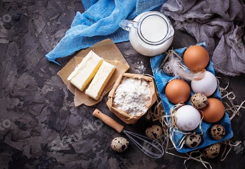 Preview: Ingredients for baking. Milk, butter, eggs, flour