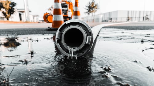 Preview: Selective closeup shot of a gray pipe with water coming out its hole