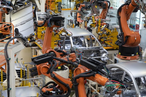 Preview: body of car on conveyor top view. Modern Assembly of cars at the plant. The automated build process