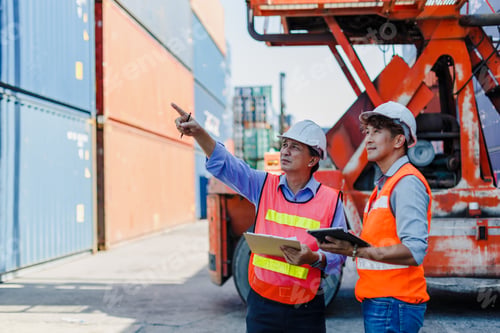 Preview: Asian foreman and engineer holding clipboard control loading containers box in cargo.