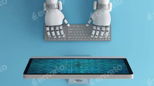 Preview: Top view of Robot hands using keyboard in front of a computer monitor with binary number code screen