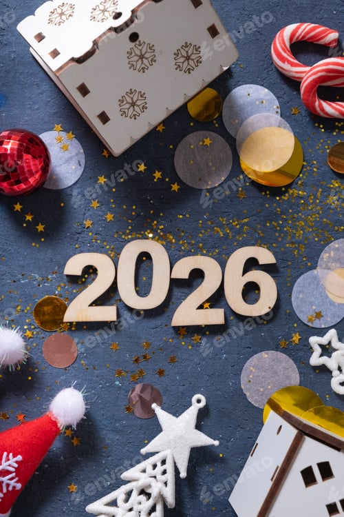 Visualização: Configuração de celebração festiva para o novo ano de 2026 com decorações, guloseimas e detalhes cintilantes